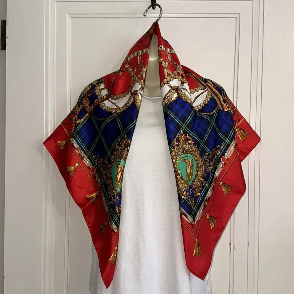 Vintage 80s/90s large polo, horses, bridle themed red, blue & gold scarf‎